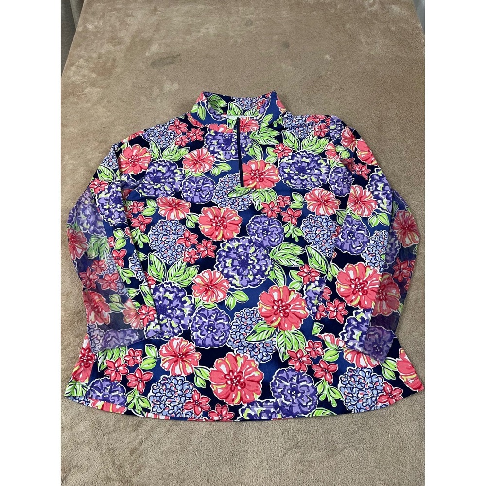 IBKUL Larisa 1/4 Zip Mock Neck Top Womens XL Multicolor AOP Floral Nylon L/S EUC